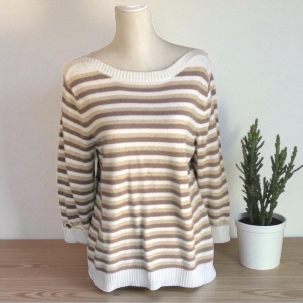 Karen Scott Beige and White Striped Sweater